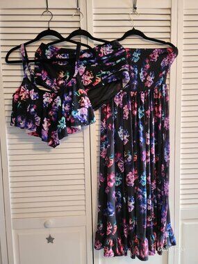 Torrid Black and Floral Flounce Mesh Two Piece with matching cover up